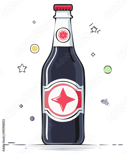 Dark Bottled Beverage with Star Logo: Cartoon Style Soda or Cola Drink Illustration