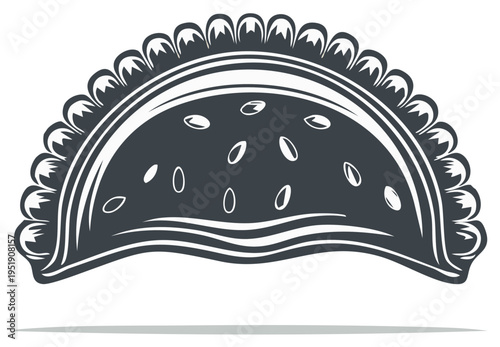 Stylized empanada illustration with detailed crust and seed filling, monochrome artistic rendering