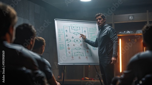Soccer coach explaining tactics on a white board in a locker room to the team. AI generated image
