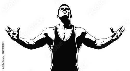 Black silhouette of a muscular man with arms outstretched and palms up against a white background.