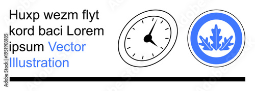 Time management, branding, nature, eco-friendly, design inspiration, decorative layouts. Black clock graphic, blue leaf emblem and lorem ipsum sample text. Time management and branding