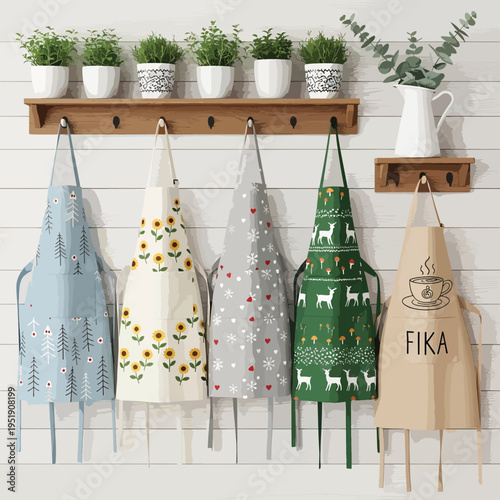Assorted Aprons Hanging in a Kitchen Displaying Diverse Designs Each Apron Showcasing a Unique Pattern and Style Creating a Charming Kitchen Decor Arrangement Culinary Fashion Showcase