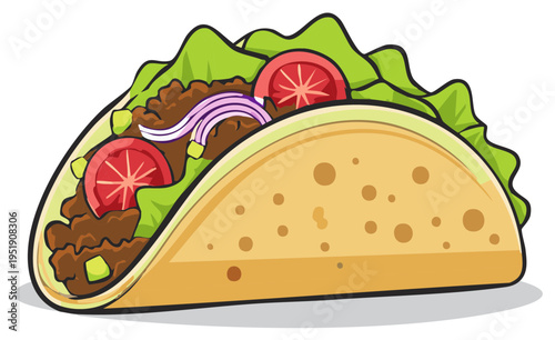 Cartoon taco filled with ground meat, lettuce, tomatoes, and onions in a crispy shell