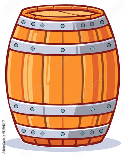 Cartoon wooden barrel illustration with metallic hoops. Wine barrel storage design.