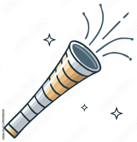 Festive golden party horn cartoon illustration radiating celebration and joy with star decorations