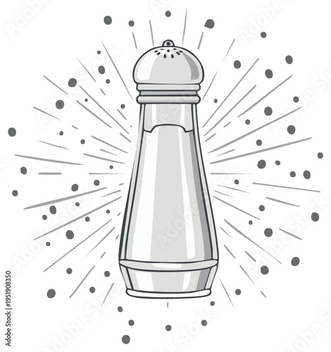 Illustrated salt shaker with radiating lines and dots, kitchen utensil design