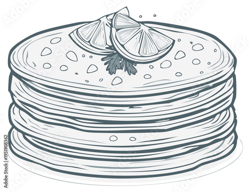 Stack of pancakes with lime slices and parsley garnish, illustrated