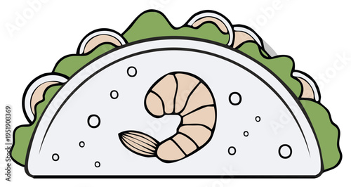 Delicious shrimp taco with lettuce and sauce ready to eat for lunch at a food truck