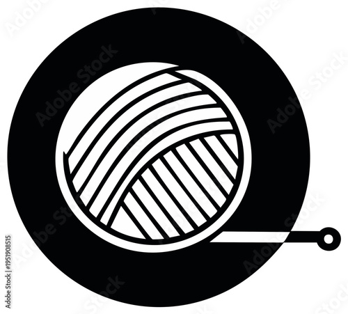 Black and white ball of yarn inside a black circle with a simple design