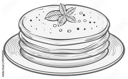 Stack of pancakes with basil garnish on a plate