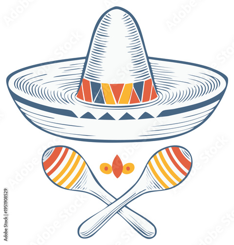 Traditional Mexican Sombrero Hat and Crossed Maracas Symbols