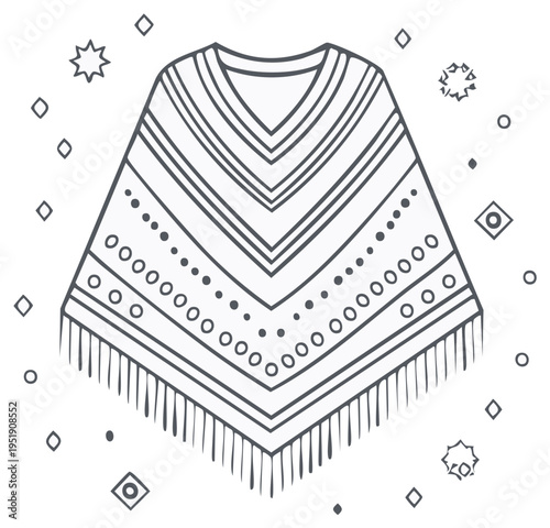 Hand Drawn Traditional Andean Poncho with Geometric Patterns and Festive Embellishments