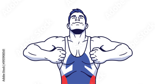 Illustration of a muscular man in a blue and red singlet flexing his muscles on a white background.