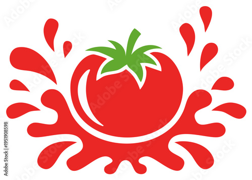 Tomato splashing illustration. Red ripe tomato with green leaves and splashes of red tomato juice. Vector illustration of fresh fruit