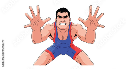 Cartoon illustration of a muscular wrestler in a blue and red singlet with arms outstretched on a white background.