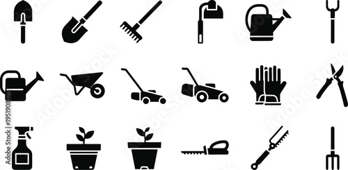 Array of Black Icons Illustrating Gardening Tools and Equipment shovel rake