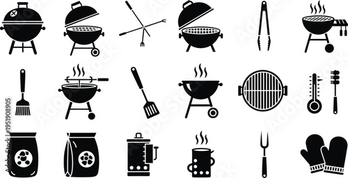 Barbecue Grill and Accessories Collection of Black and White Icons Keywords: barbecue, grill, bbq, cooking, food, outdoor, summer, party, grill