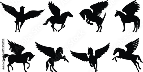 Mythical Pegasus Silhouette Collection Featuring Flying Winged Horses In Various Dynamic Poses For Fantasy Graphic Design Projects And Creative Digital Illustrations.