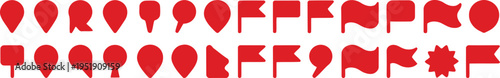 Many red map pin and flag icons display varied and organic shapes on a clean white background