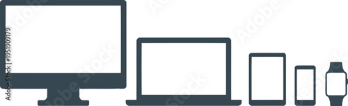 Modern desktop computer, laptop, tablet, smartphone, and smartwatch icons displayed in a clean row