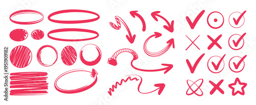 Red Marker Highlight Doodle Hand Drawn Pen Line Underline Arrow Checkmark Circle Scribble Frame Stroke Emphasis Sketch Vector Illustration Set