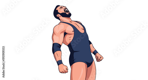 A muscular cartoon man with a beard wearing a black singlet and armbands standing triumphantly with fists clenched against a plain white background.
