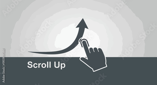 Interface element showcasing a hand gesture on a screen interacting with an arrow indicating upward movement emphasizing user experience and technology alongside scroll functionality and