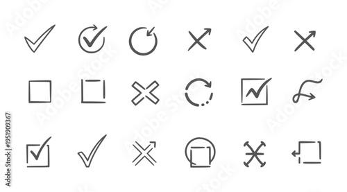 Black and white hand drawn checkmark and cross symbol collection