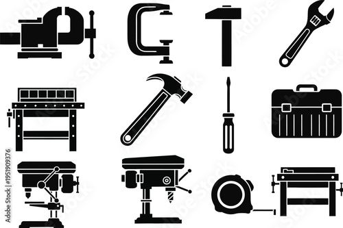 Group of Black Icons Depicting Workshop and Repair Tools vise clamp