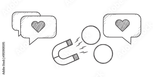 Black and white of a magnet attracting two heart speech bubbles attraction