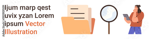 Information management, file organization, digital research, data analysis, workflow processes, accessibility. Folder with documents, magnifying glass and person holding a tablet. Information