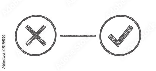 Dark grey cross and checkmark symbols in circles connected by a line