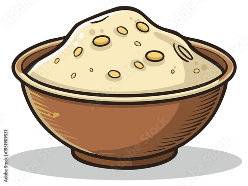 Cartoon illustration of a brown bowl filled with cooked food