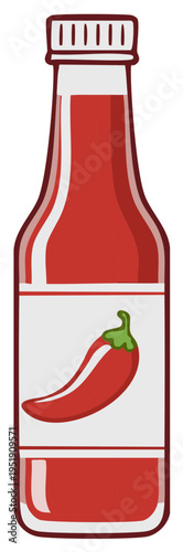 Spicy Chili Sauce: Glass Bottle with Red Sauce and Pepper Label, Condiment for Hot Flavor and Seasoning