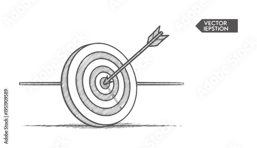 Hand drawn arrow piercing bullseye center target board dartboard