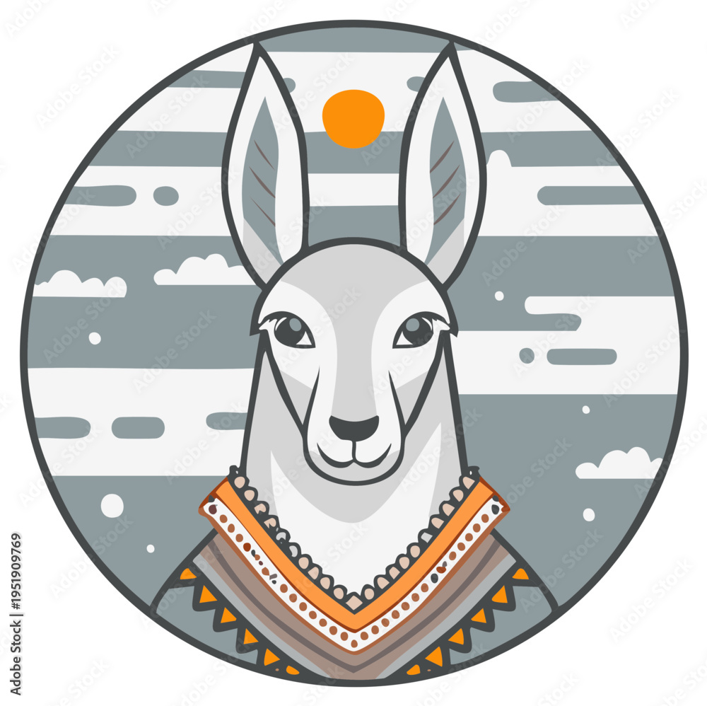 Fototapeta premium Stylized Llama Portrait with Geometric Patterned Shawl and Sun in a Circle