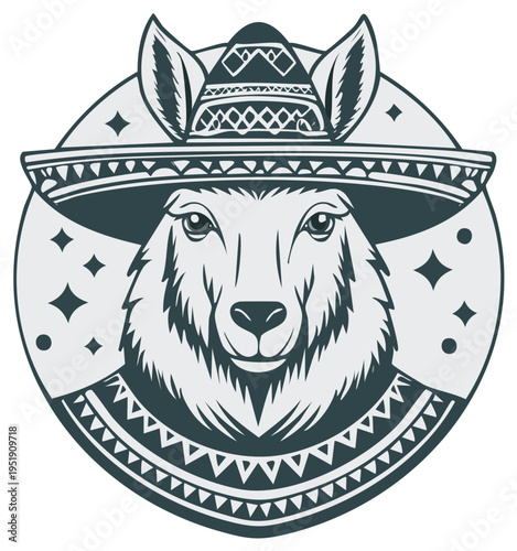Llama Wearing a Sombrero and Traditional Mexican Pattern Emblem for Celebration