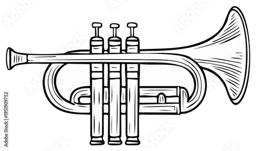 Black and white sketch illustration of a brass wind instrument with three valves and a bell