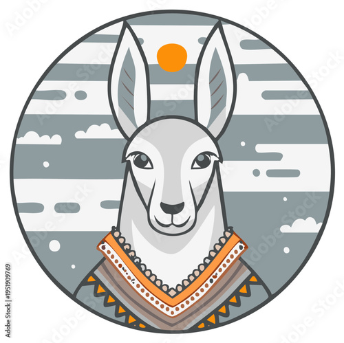 Stylized Llama Portrait with Geometric Patterned Shawl and Sun in a Circle