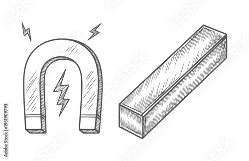 Hand drawn horseshoe magnet with lightning bolts and a bar magnet