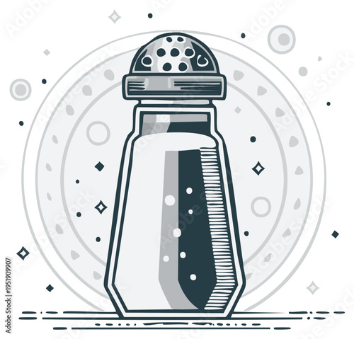 Monochrome Illustration of Salt Shaker with Perforated Lid on Decorative Plate