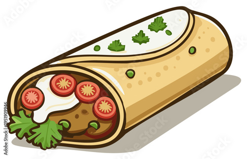 Delicious cartoon style burrito with colorful fillings, cilantro, tomatoes and sour cream