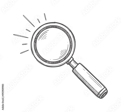 Handheld magnifying glass with radiating light in monochrome handle rays