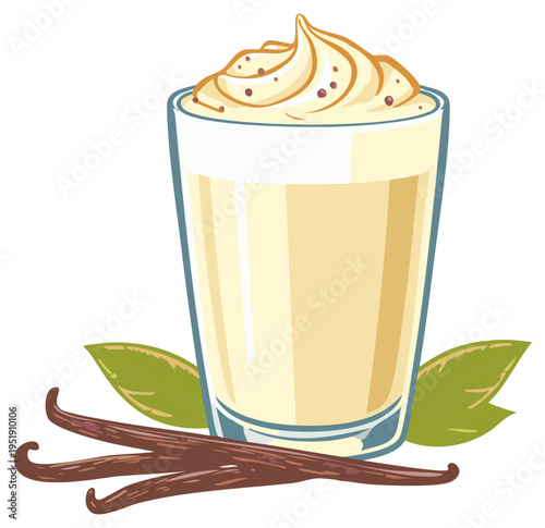 Vanilla Dessert Creamy Sweet Treat with Vanilla Beans and Green Leaves, Illustration