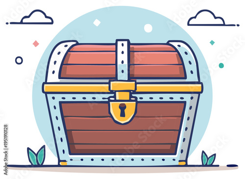 Cartoon wooden treasure chest illustration with lock, storage container for pirate gold and valuable objects, vector art
