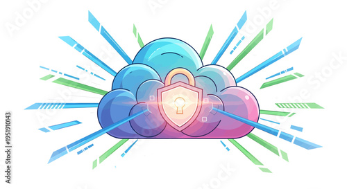 Cloud computing security concept with shield and lock.