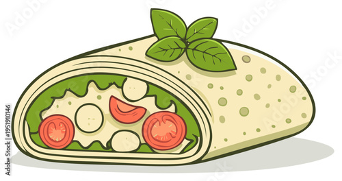 Fresh Caprese wrap with juicy tomatoes mozzarella and basil leaves