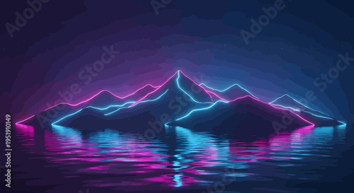 neon lit mountain range reflected on water.