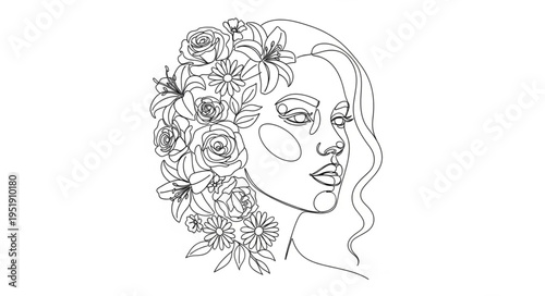 Elegant Woman Portrait with Floral Adornments in a Delicate Line Art Style.