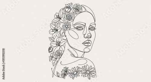 Elegant Woman Portrait with Floral Adornments in Detailed Line Art.